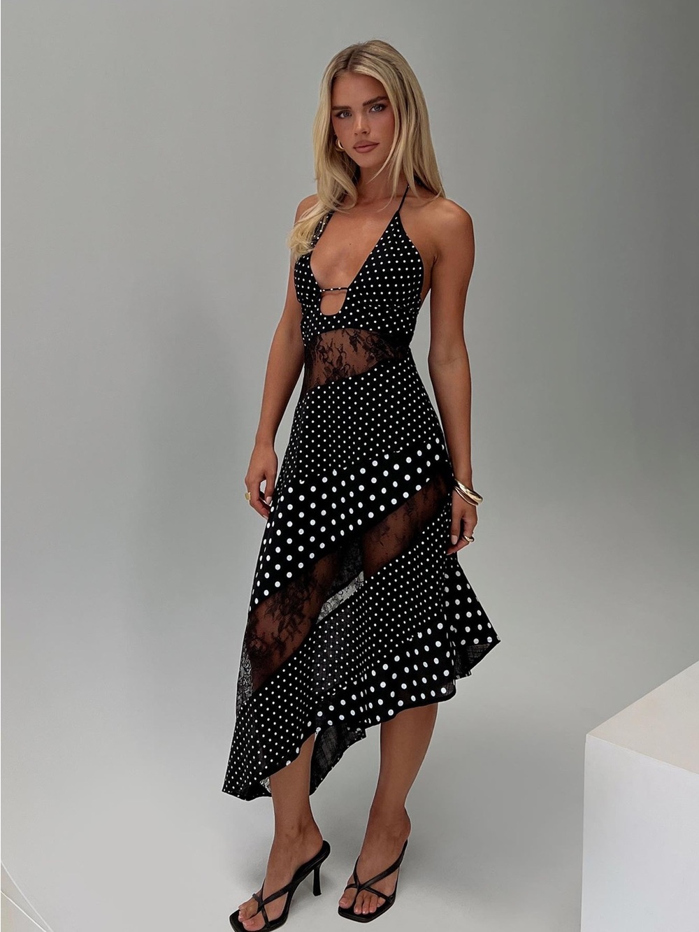 Princess Polly Black Polka Dot Lace-Inset Asymmetrical Halter Dress